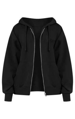 PRETTYLITTLETHING Black Premium Embroidered Zip Front Oversized Hoodie