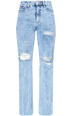PRETTYLITTLETHING Acid Wash Ripped Long Leg Straight Jeans