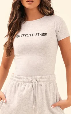 PRETTYLITTLETHING Ash Grey Logo Short Sleeved Bodysuit
