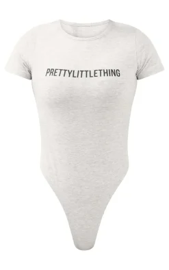 PRETTYLITTLETHING Ash Grey Logo Short Sleeved Bodysuit