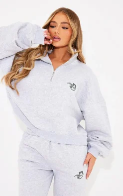 PRETTYLITTLETHING Ash Grey Logo Embroidered Half Zip Sweatshirt
