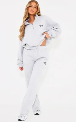 PRETTYLITTLETHING Ash Grey Logo Embroidered Wide Leg Sweatpants