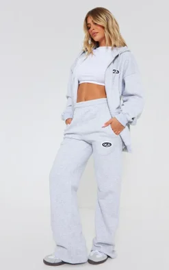 PRETTYLITTLETHING Ash Grey Logo Badge Wide Leg Sweatpants