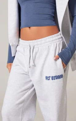 PRETTYLITTLETHING Ash Grey Premium Studio Print Cuffed Sweatpants