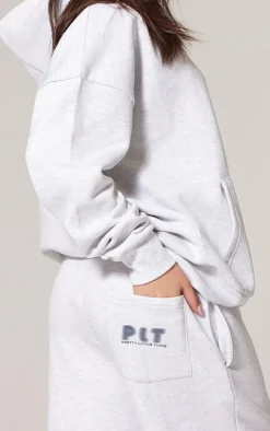 PRETTYLITTLETHING Ash Grey Printed Back Pocket Wide Leg Sweatpants