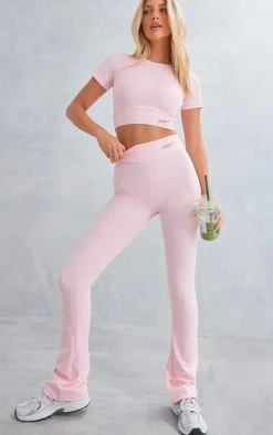 PRETTYLITTLETHING Baby Pink Sport Metal Badge Sculpt High Waist Flare Pants