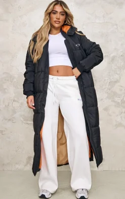 PRETTYLITTLETHING Badge Black Ribbed Trim Maxi Coat