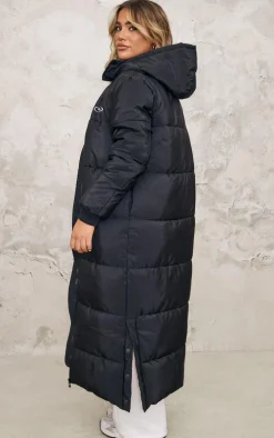 PRETTYLITTLETHING Badge Black Ribbed Trim Maxi Coat