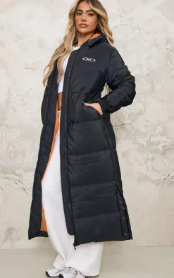 PRETTYLITTLETHING Badge Black Ribbed Trim Maxi Coat