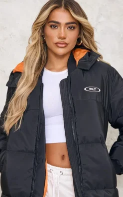 PRETTYLITTLETHING Badge Black Ribbed Trim Maxi Coat