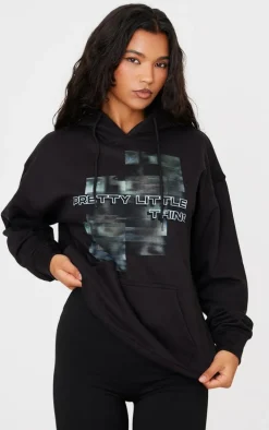 PRETTYLITTLETHING Black Blurred Print Hoodie