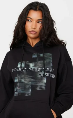 PRETTYLITTLETHING Black Blurred Print Hoodie