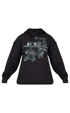 PRETTYLITTLETHING Black Blurred Print Hoodie