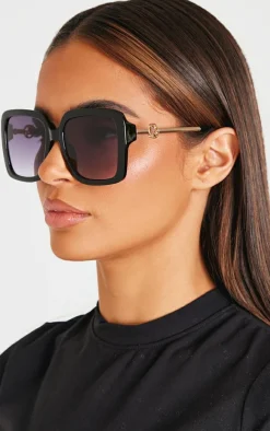 PRETTYLITTLETHING Black Branded Oversized Square Sunglasses