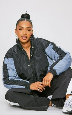 PRETTYLITTLETHING Black Chevron Cropped Puffer Coat