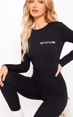 PRETTYLITTLETHING Black Cotton Long Sleeve Jumpsuit