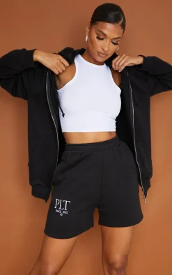 PRETTYLITTLETHING Black Established Graphic Sweat Shorts