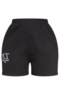 PRETTYLITTLETHING Black Established Graphic Sweat Shorts