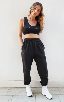 PRETTYLITTLETHING Black Embroidered Cuffed High Waist Sweatpants