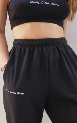 PRETTYLITTLETHING Black Embroidered Cuffed High Waist Sweatpants