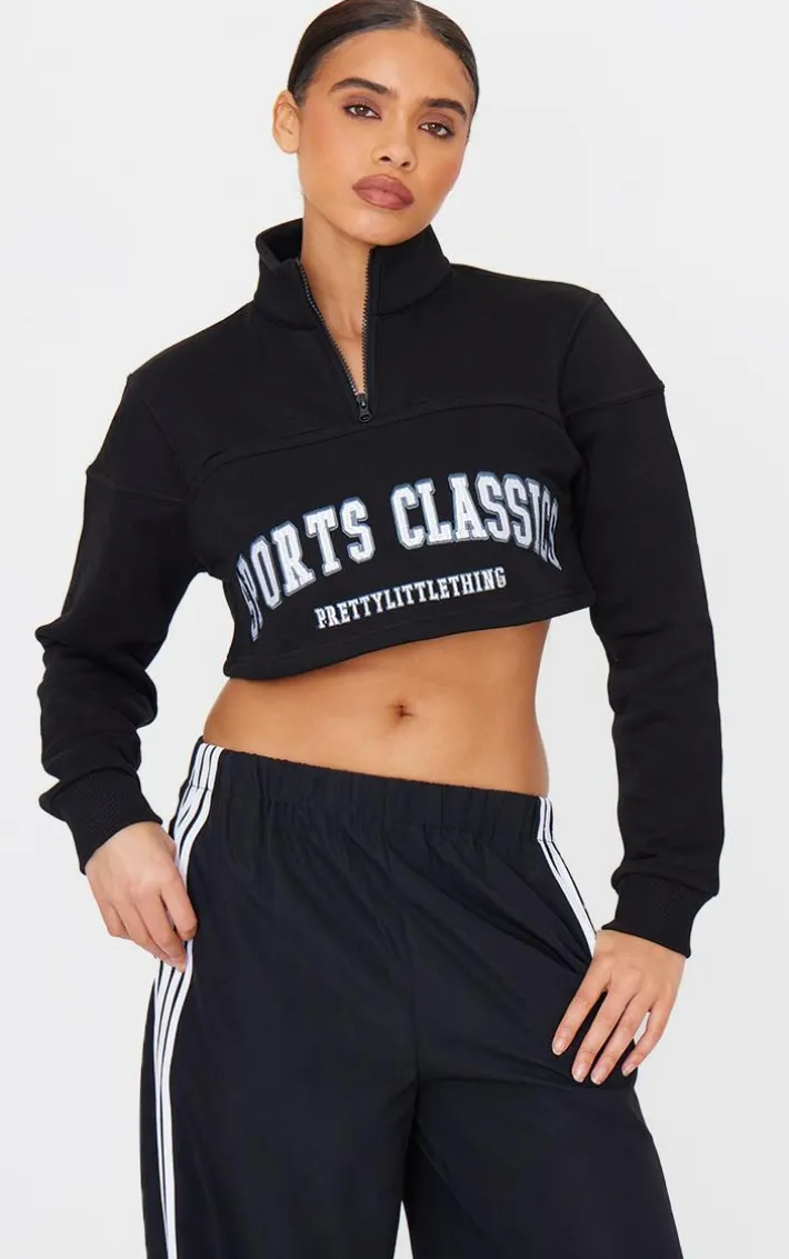 PRETTYLITTLETHING Black Embroided Crop Half Zip Sweatshirt