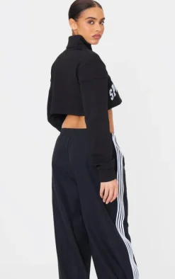 PRETTYLITTLETHING Black Embroided Crop Half Zip Sweatshirt