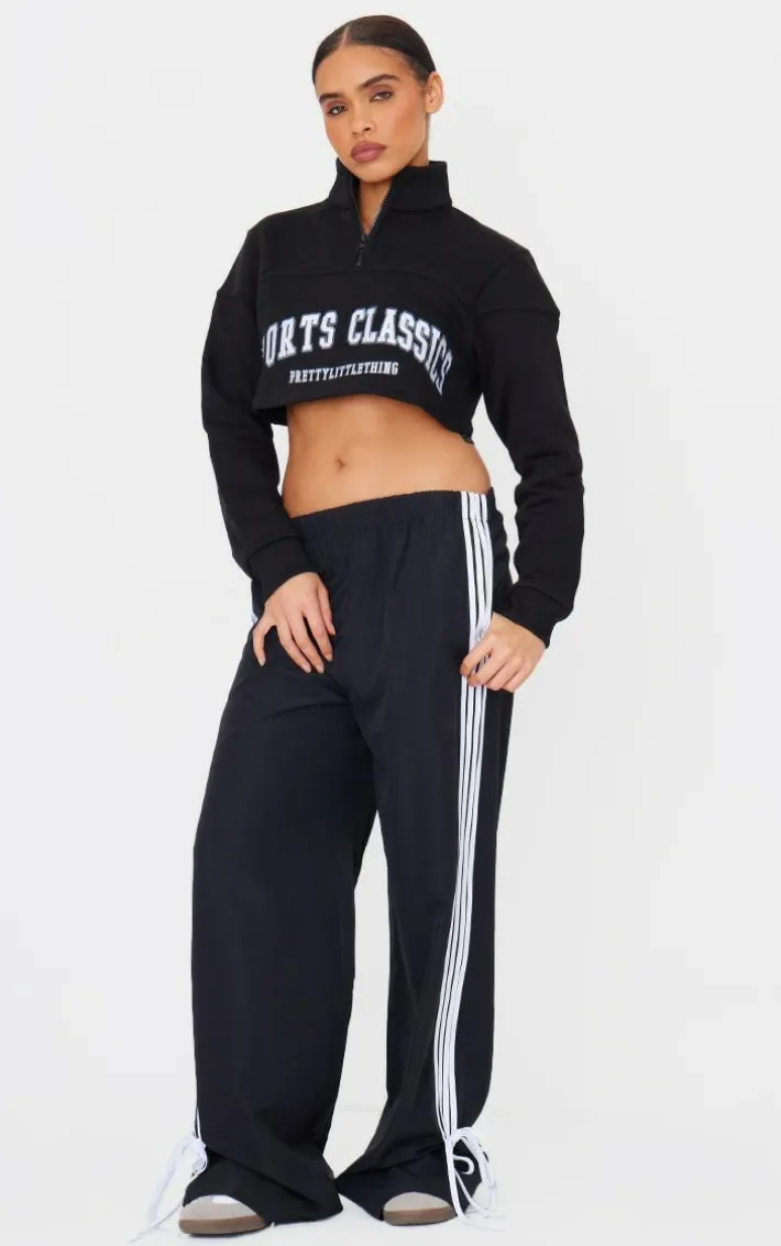 PRETTYLITTLETHING Black Embroided Crop Half Zip Sweatshirt