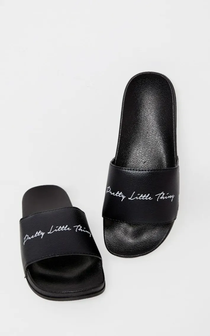 PRETTYLITTLETHING Black Graphic Slides