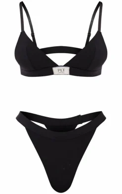 PRETTYLITTLETHING Black Jersey Triangle Bralette And Thong Set