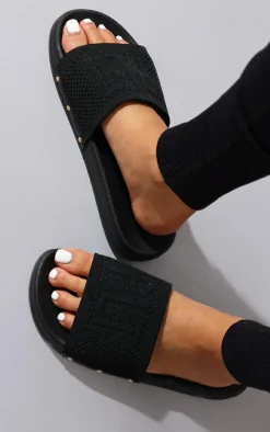 PRETTYLITTLETHING Black Knitted Slides