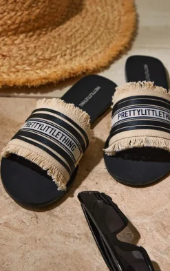 PRETTYLITTLETHING Black Linen Fringe Sandals