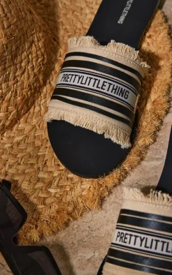 PRETTYLITTLETHING Black Linen Fringe Sandals