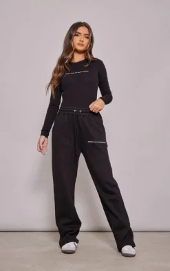 PRETTYLITTLETHING Black Logo Straight Leg Sweatpants