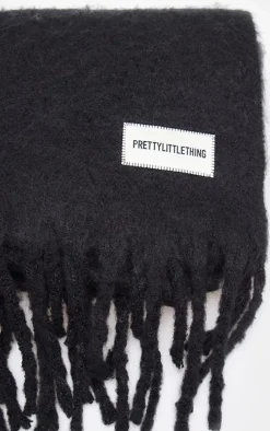 PRETTYLITTLETHING Black Logo Blanket Tassel Scarf