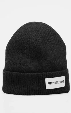 PRETTYLITTLETHING Black Logo Rib Beanie
