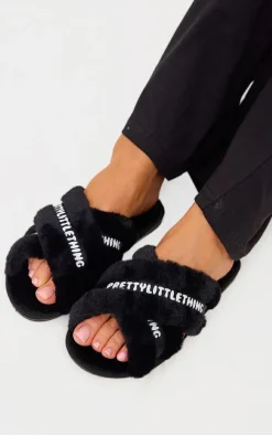 PRETTYLITTLETHING Black Logo Tape Cross Over Slippers