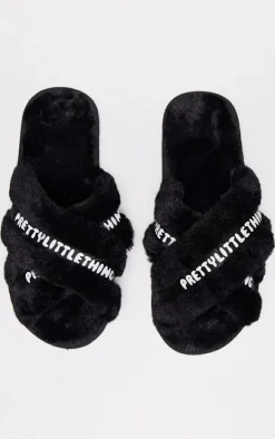 PRETTYLITTLETHING Black Logo Tape Cross Over Slippers