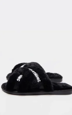PRETTYLITTLETHING Black Logo Tape Cross Over Slippers