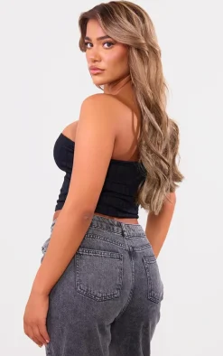 PRETTYLITTLETHING Black Metal Badge Snatched Rib Bandeau Top