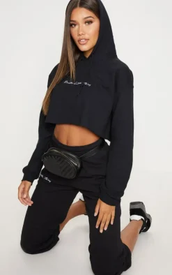 PRETTYLITTLETHING Black Oversized Crop Hoodie