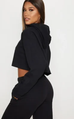 PRETTYLITTLETHING Black Oversized Cropped Hoodie