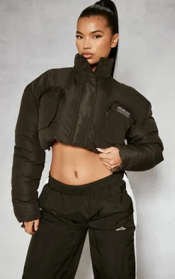 PRETTYLITTLETHING Black Pocket Front Cropped Puffer Jacket