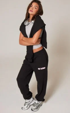 PRETTYLITTLETHING Black Premium Studio Print Cuffed Sweatpants