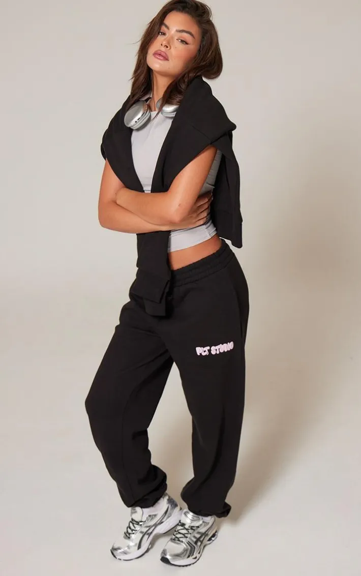 PRETTYLITTLETHING Black Premium Studio Print Cuffed Sweatpants
