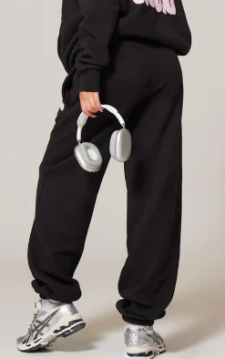 PRETTYLITTLETHING Black Premium Studio Print Cuffed Sweatpants