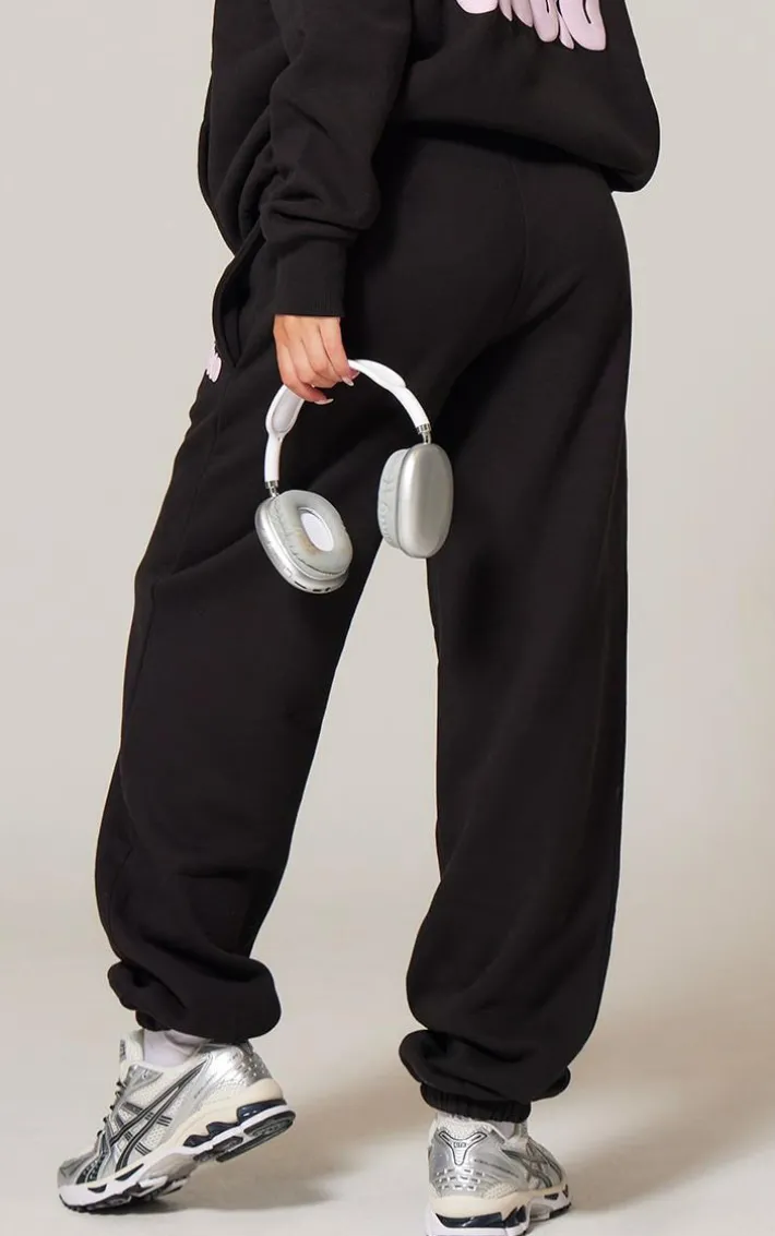 PRETTYLITTLETHING Black Premium Studio Print Cuffed Sweatpants