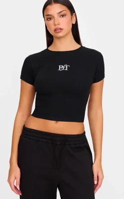 PRETTYLITTLETHING Black Ribbed Short Sleeve T Shirt