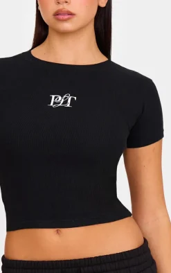 PRETTYLITTLETHING Black Ribbed Short Sleeve T Shirt