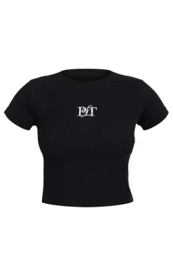 PRETTYLITTLETHING Black Ribbed Short Sleeve T Shirt