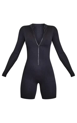 PRETTYLITTLETHING Black Sport Seamless Ribbed Unitard